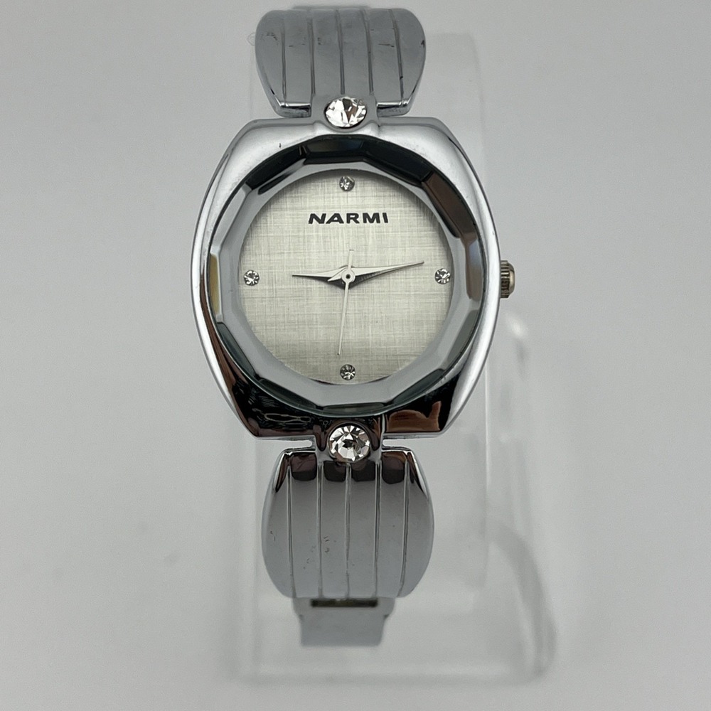 Narmi Watch Women 28mm Case Silver Hinge Bangle Band- New Battery
